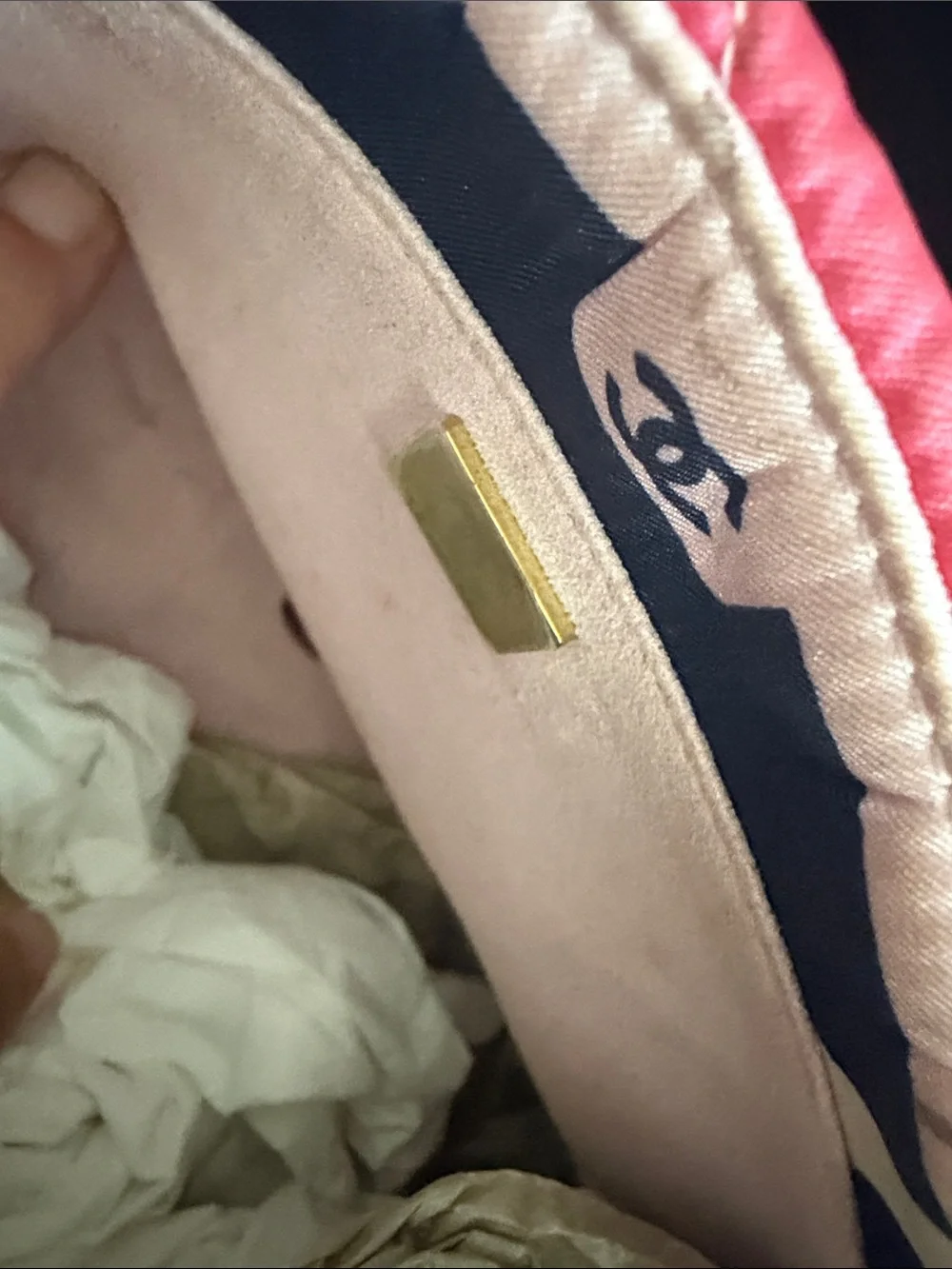 CHANEL Pink Quilted Shoulder Bag with Navy and Cream Grid